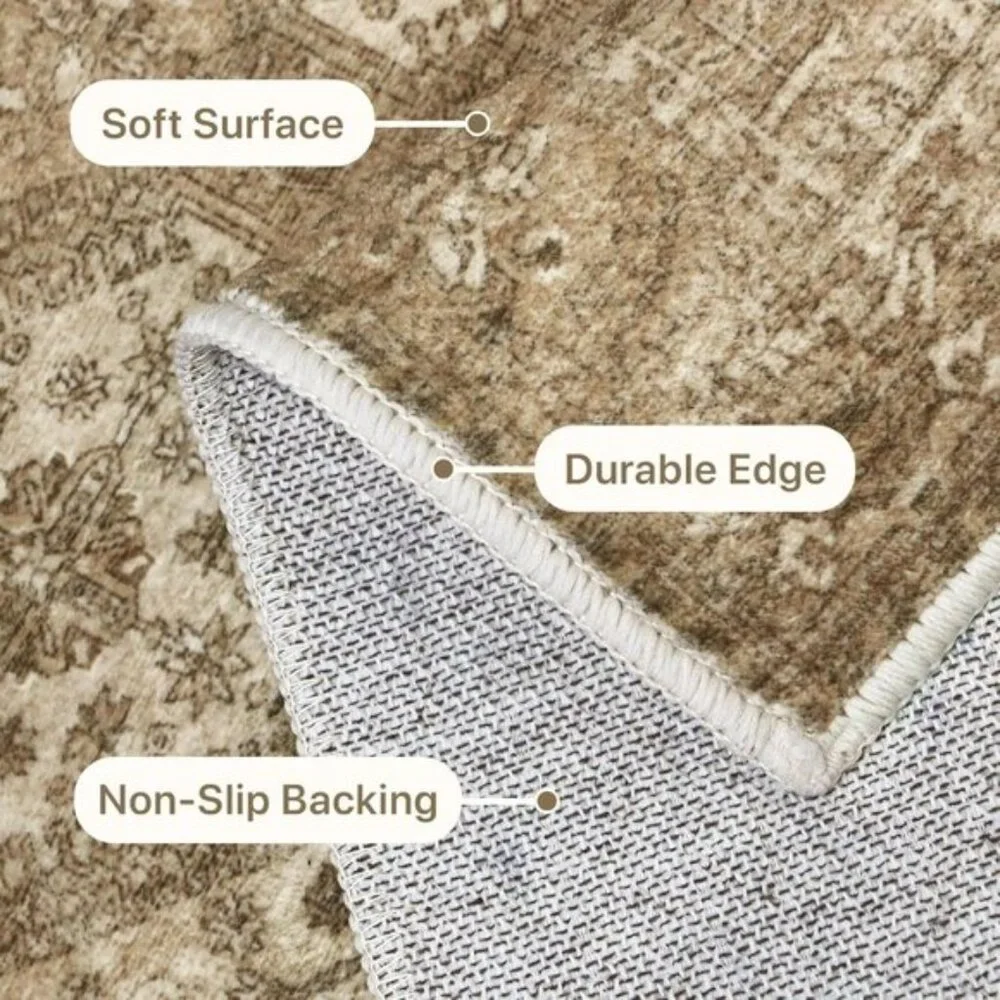 8x10 Nut Brown Area Rug, Washable, Non-Slip Vintage Chenille Distressed Carpet